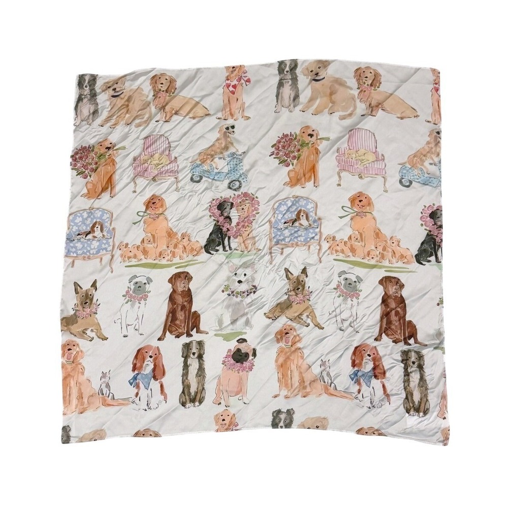 Whimsical White Watercolor Dogs Printed Quirky Square Satin Scarf 26.5" Novelty